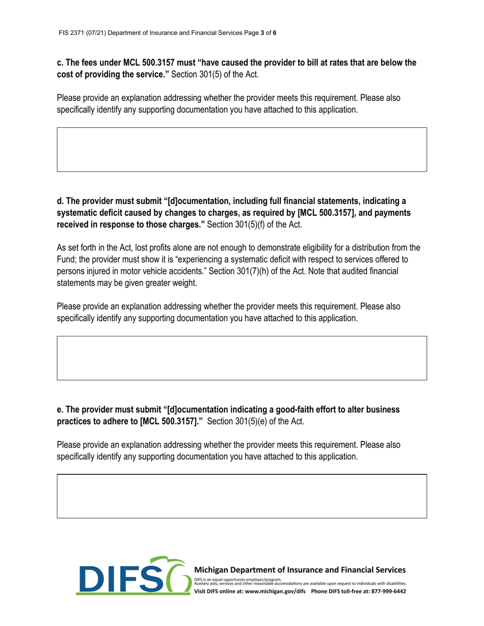 Form FIS2371 Post-acute Auto Injury Provider Relief Fund Application for Distribution - Michigan, Page 3