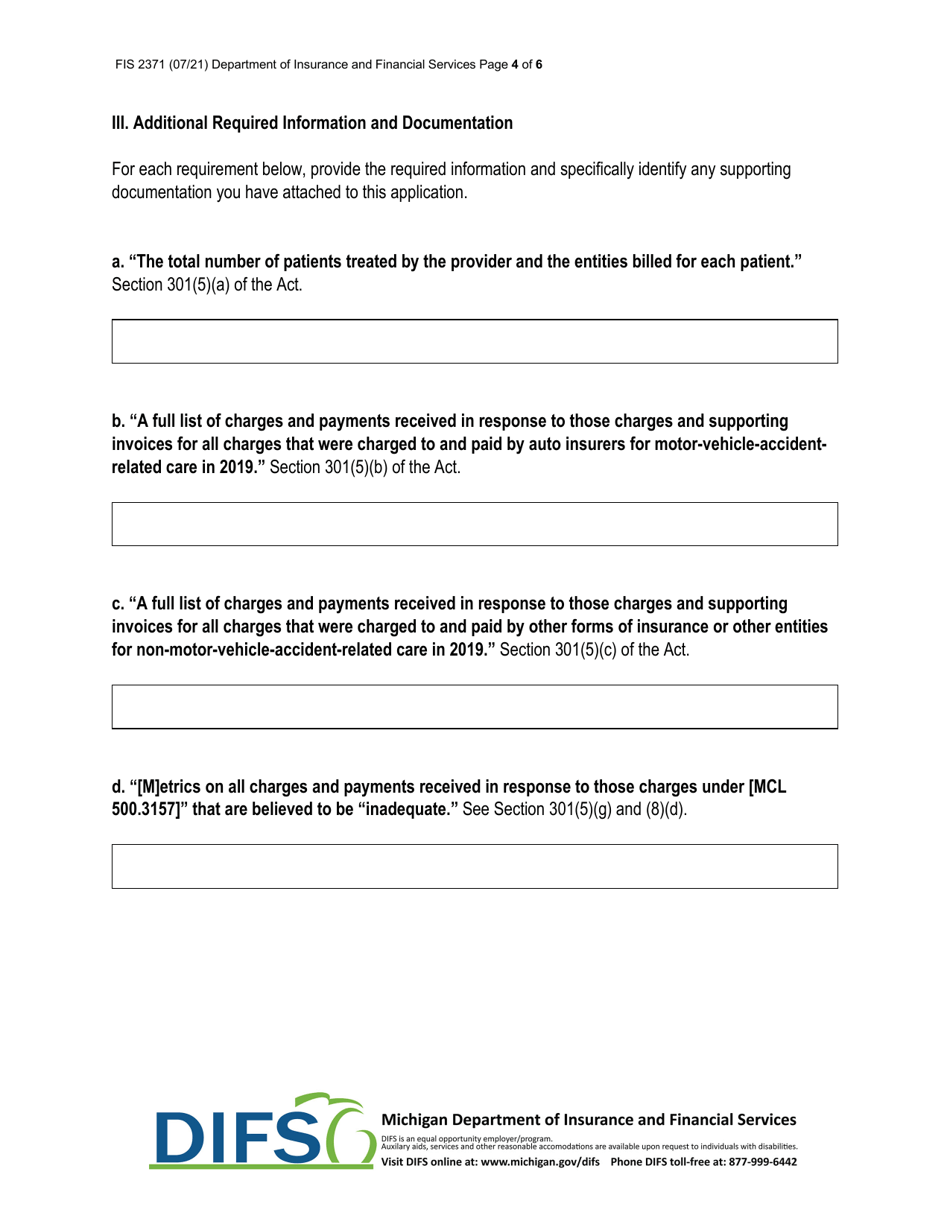 Form FIS2371 Post-acute Auto Injury Provider Relief Fund Application for Distribution - Michigan, Page 4