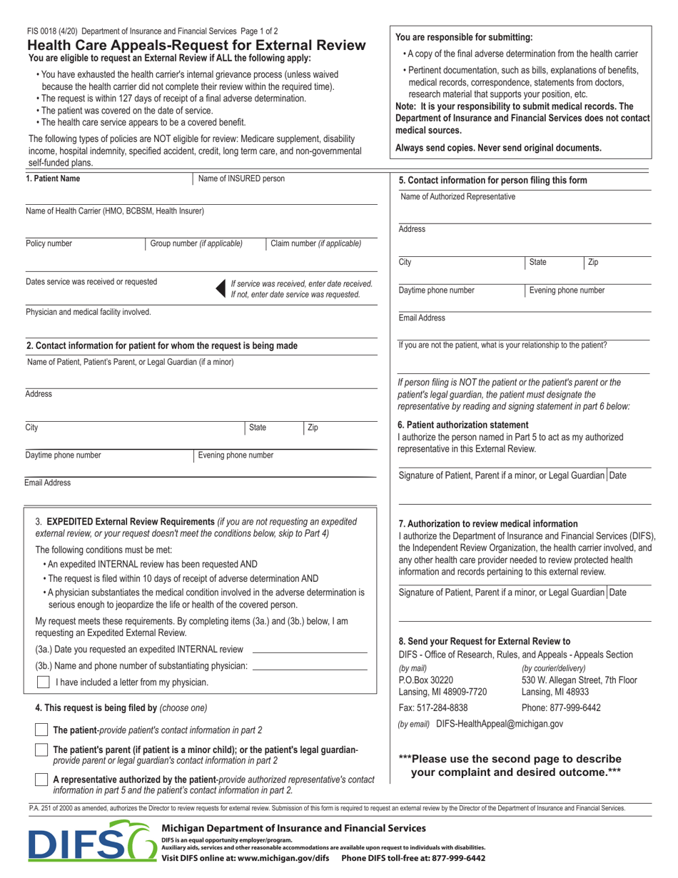Form FIS0018 Health Care Appeals - Request for External Review - Michigan, Page 1