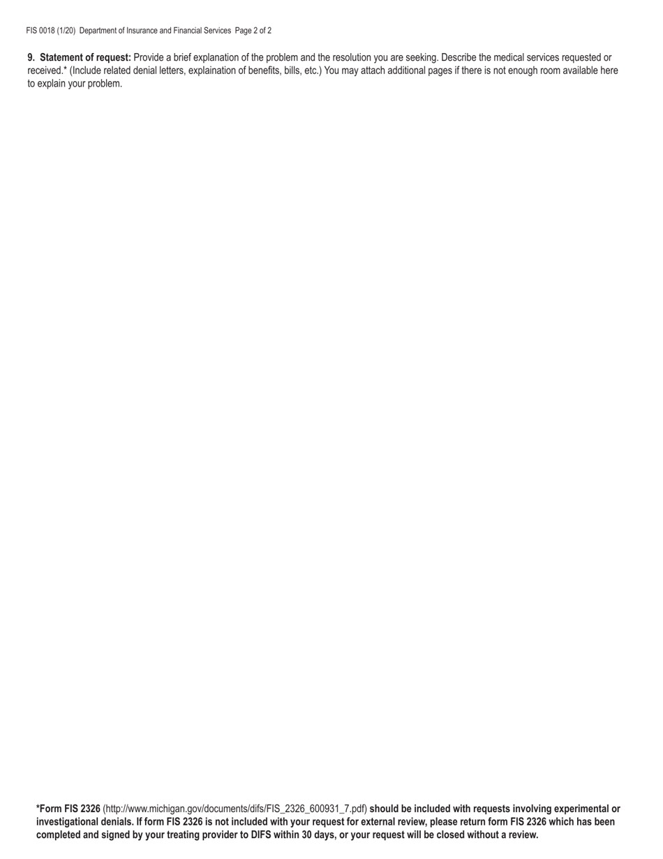 Form FIS0018 Health Care Appeals - Request for External Review - Michigan, Page 2