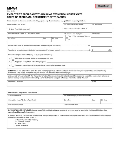 Form MI-W4 Employee's Michigan Withholding Exemption Certificate - Michigan