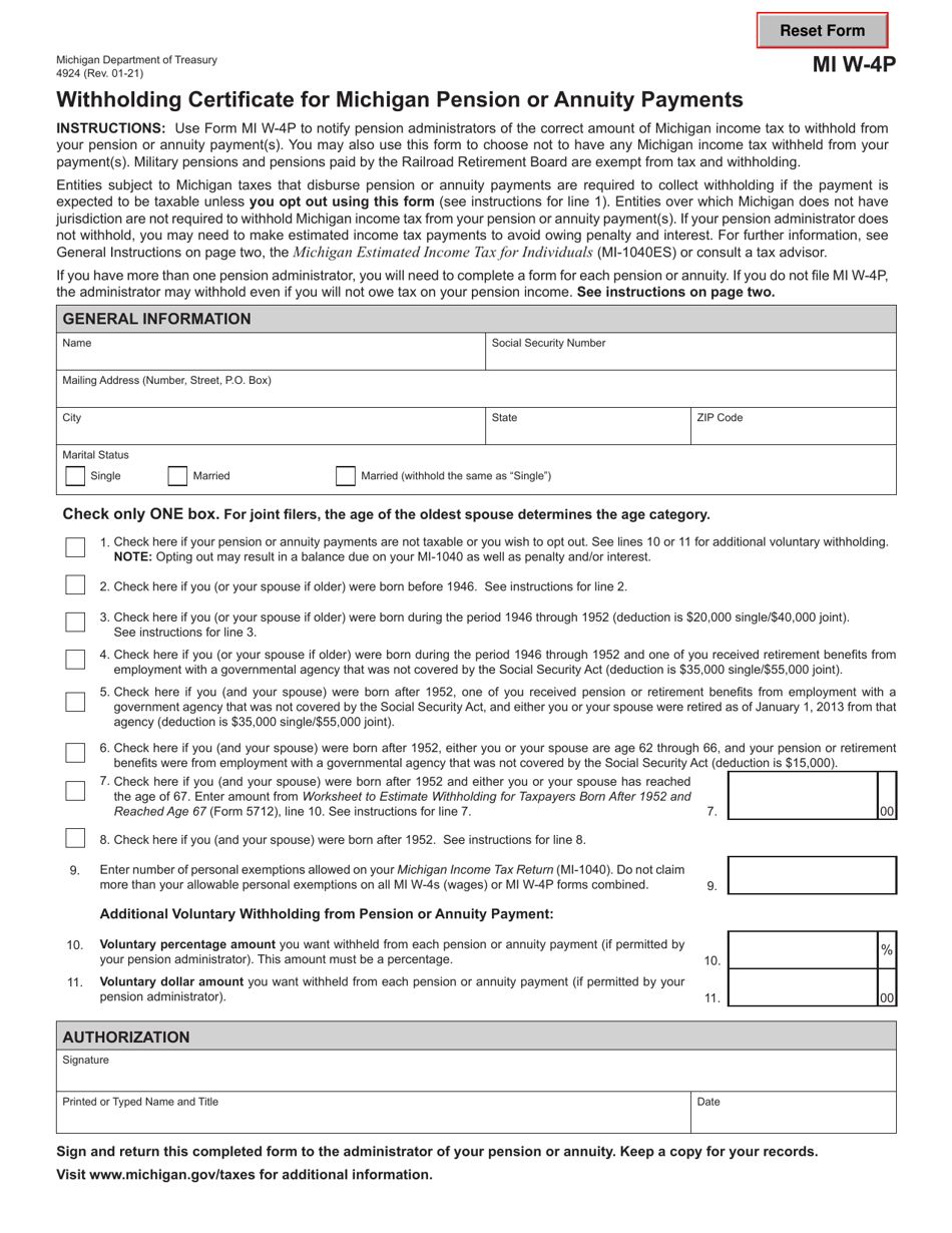 Form MI W-4P (4924) Withholding Certificate for Michigan Pension or Annuity Payments - Michigan, Page 1