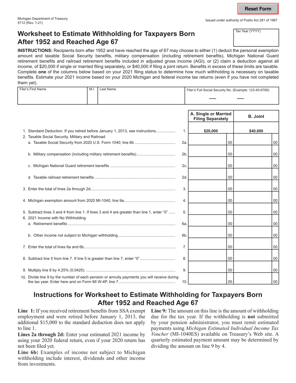 Form 5712 Worksheet to Estimate Withholding for Taxpayers Born After 1952 and Reached Age 67 - Michigan, Page 1
