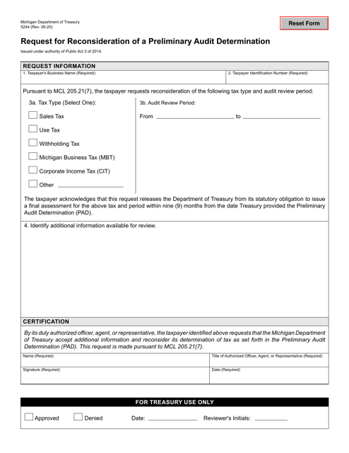 Form 5244 Request for Reconsideration of a Preliminary Audit Determination - Michigan