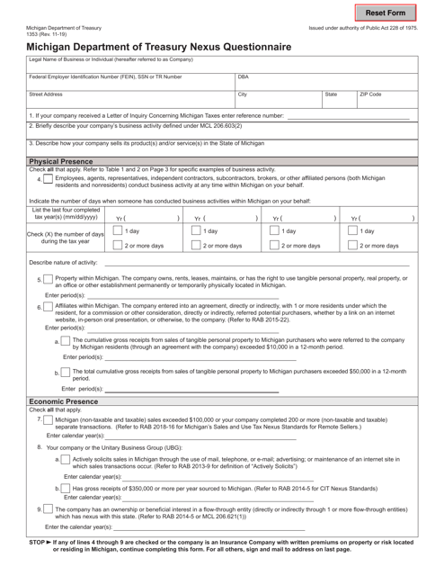 Form 1353 Michigan Department of Treasury Nexus Questionnaire - Michigan
