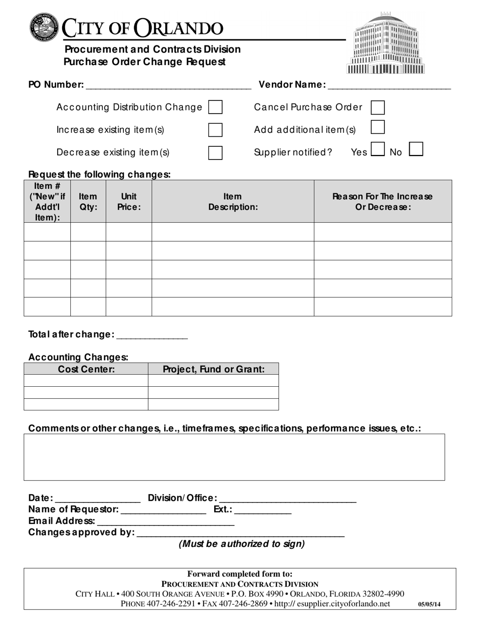 Purchase Order Change Request - City of Orlando, Florida, Page 1