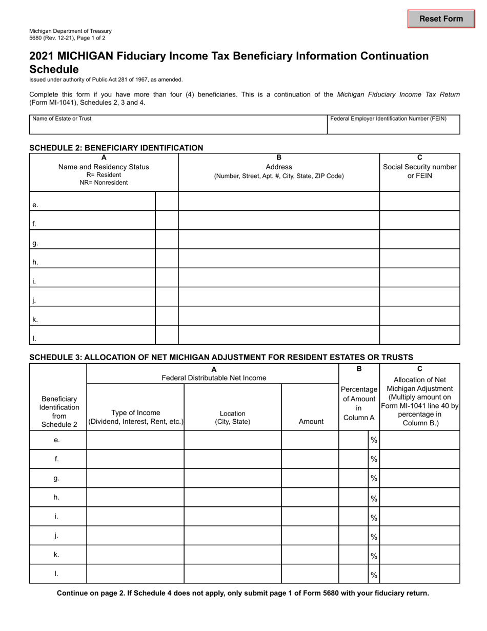 Form 5680 Michigan Fiduciary Income Tax Beneficiary Information Continuation Schedule - Michigan, Page 1