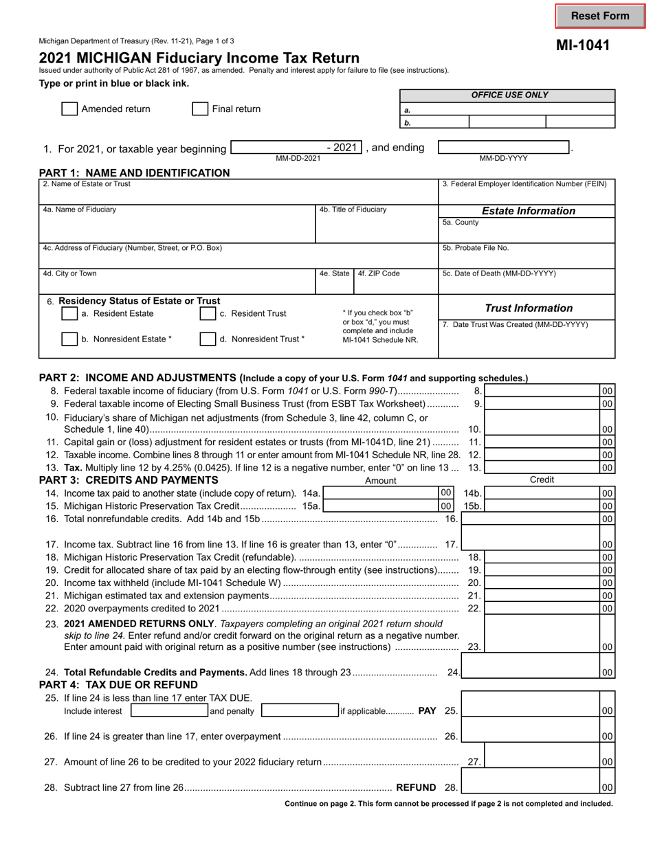 Form MI-1041 Michigan Fiduciary Income Tax Return - Michigan, Page 1