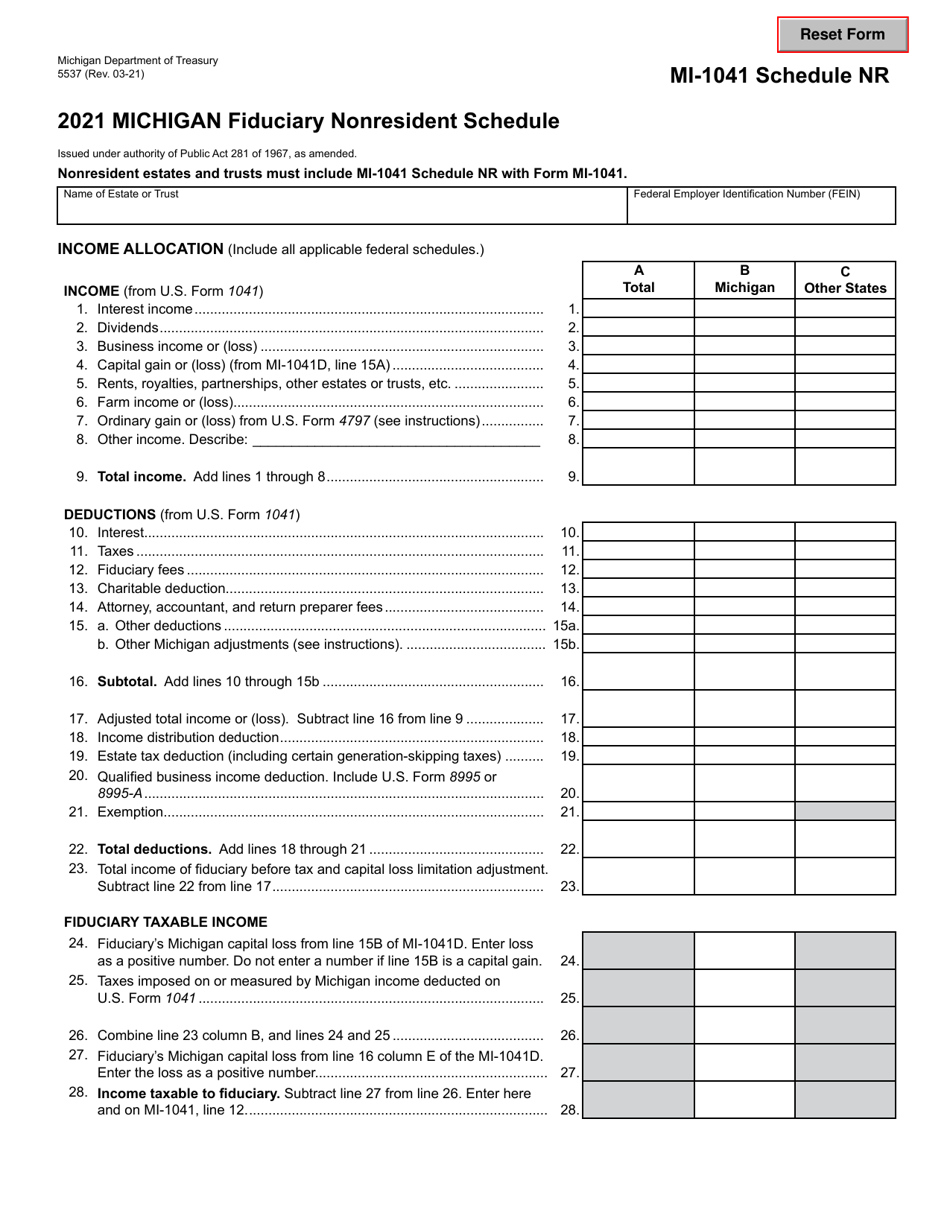 Form MI-1041 (5537) Schedule NR Michigan Fiduciary Nonresident Schedule - Michigan, Page 1