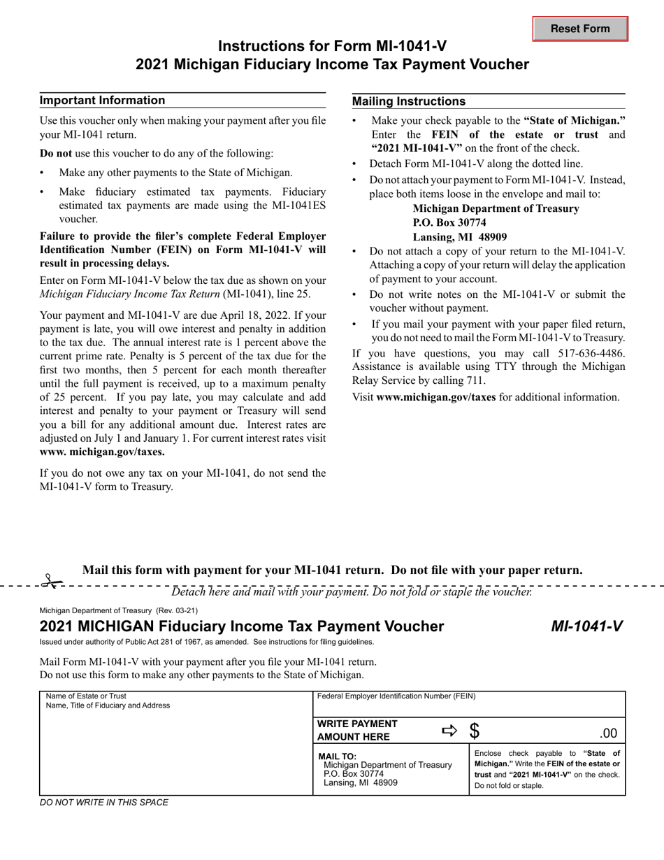 Form MI-1041-V Michigan Fiduciary Income Tax Payment Voucher - Michigan, Page 1