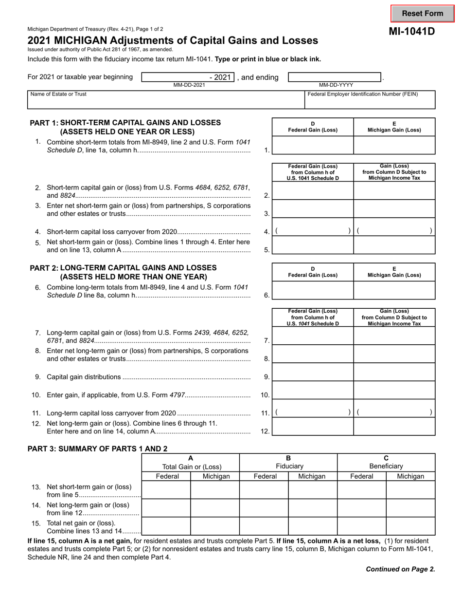 Form MI-1041D Michigan Adjustments of Capital Gains and Losses - Michigan, Page 1