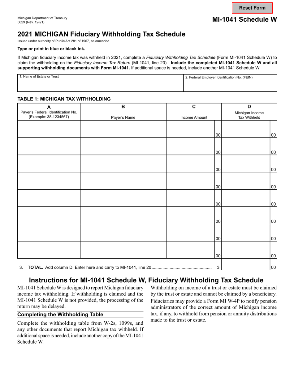 Form MI-1041 (5029) Schedule W Michigan Fiduciary Withholding Tax Schedule - Michigan, Page 1