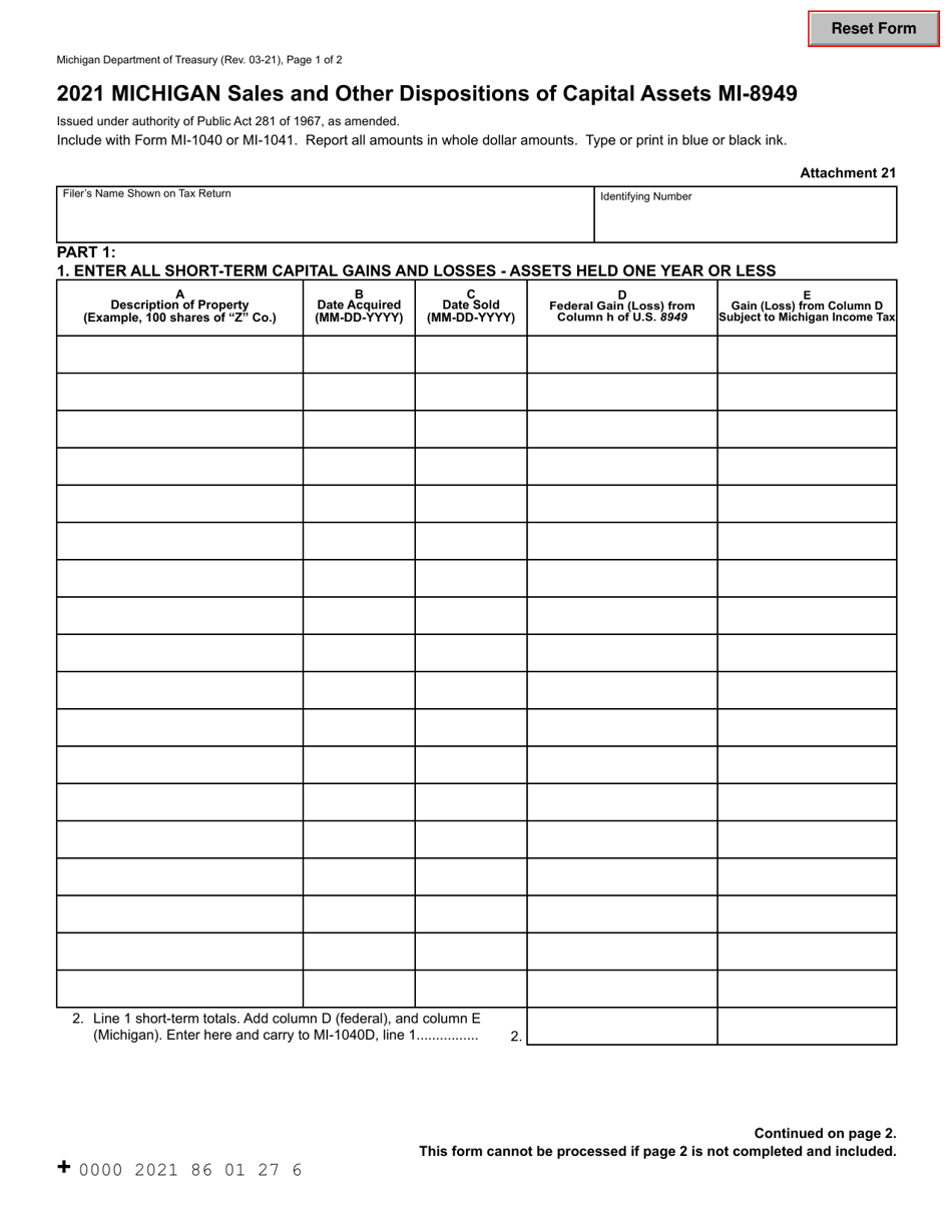 Form MI-8949 Michigan Sales and Other Dispositions of Capital Assets - Michigan, Page 1