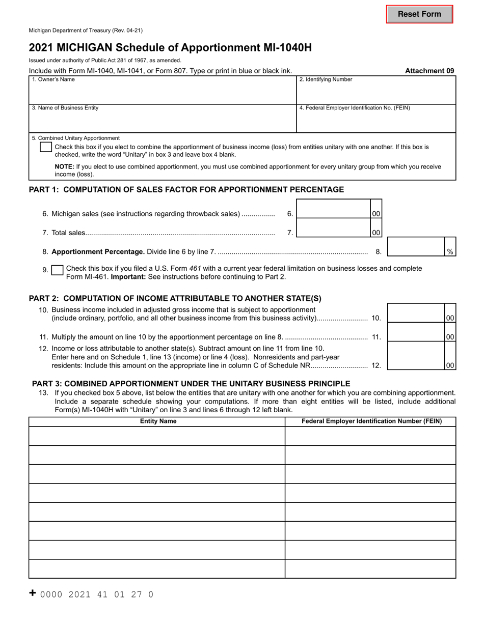 Form MI-1040H Michigan Schedule of Apportionment - Michigan, Page 1