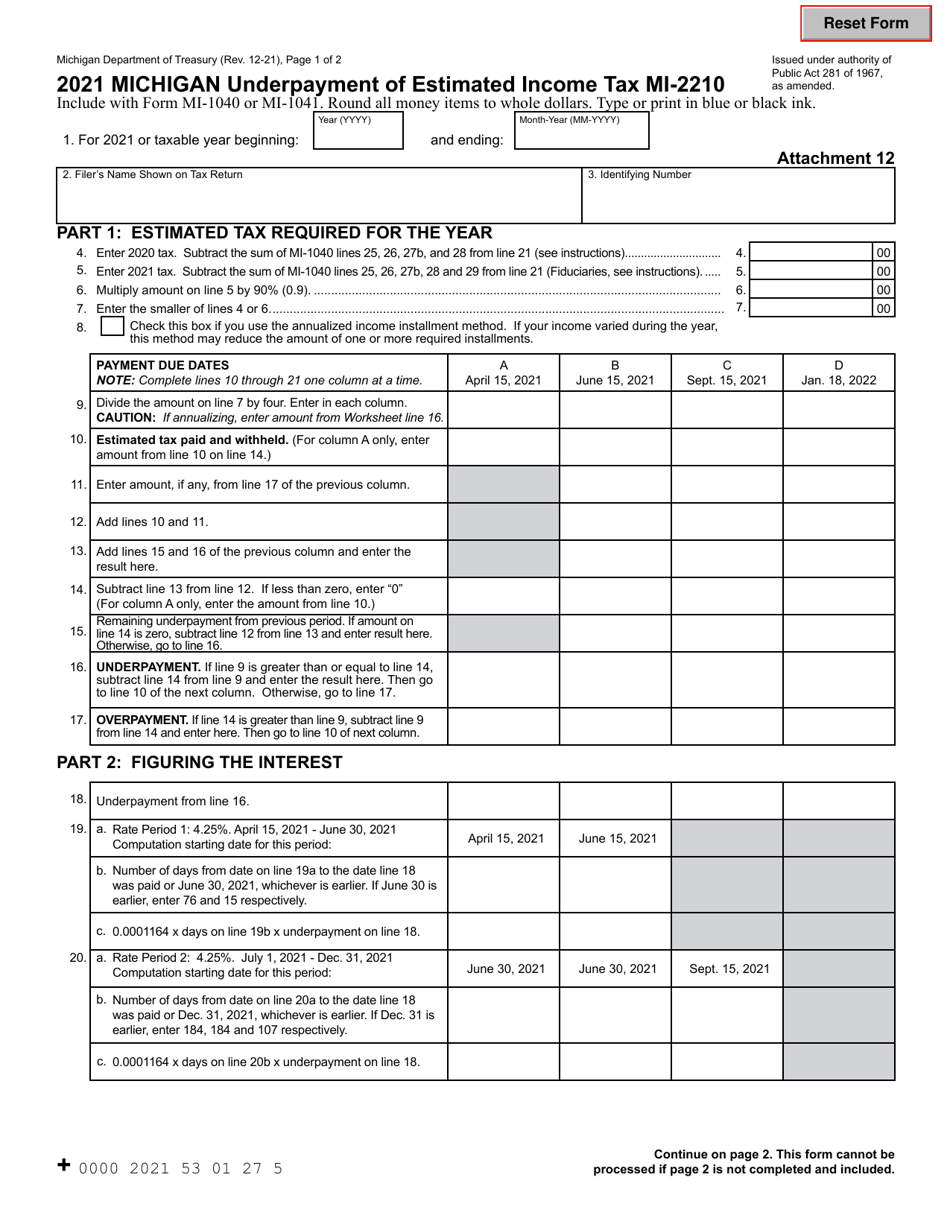 Form MI-2210 Michigan Underpayment of Estimated Income Tax - Michigan, Page 1