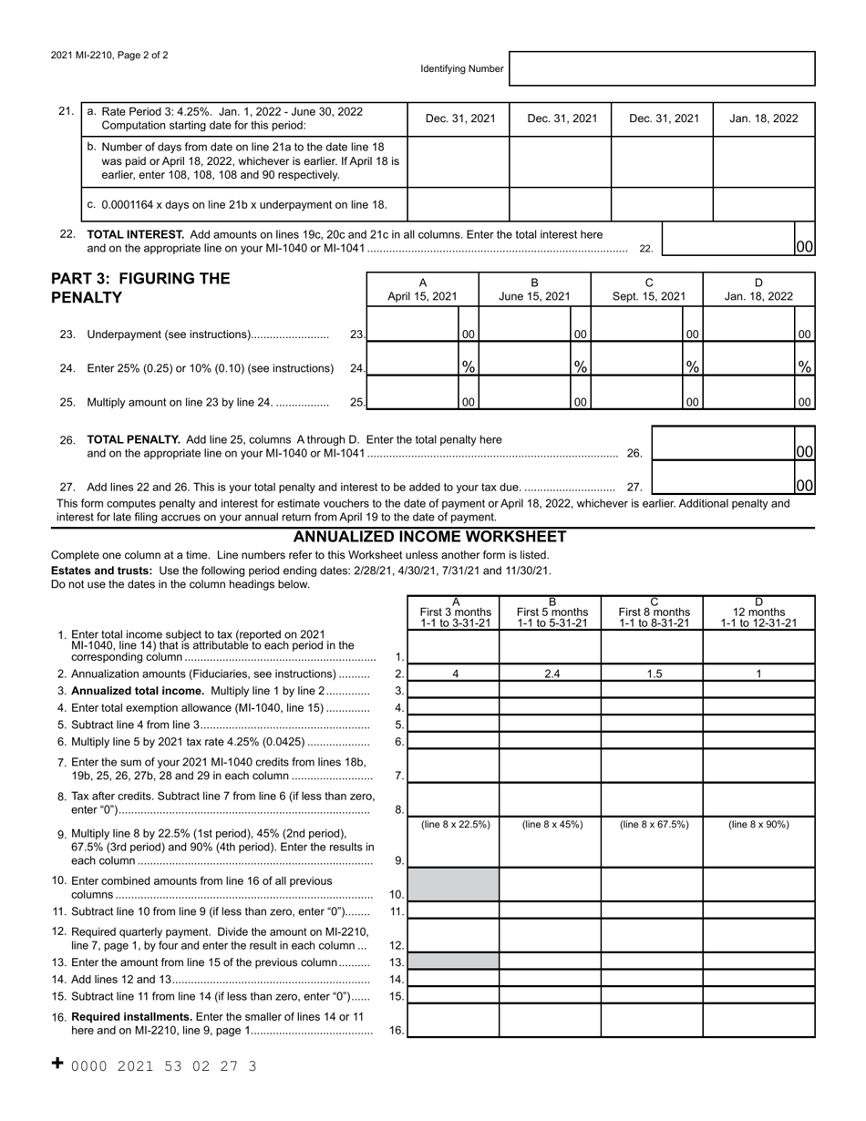 Form MI-2210 Michigan Underpayment of Estimated Income Tax - Michigan, Page 2