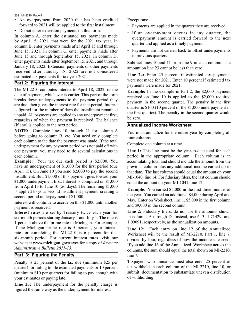 Form MI-2210 Michigan Underpayment of Estimated Income Tax - Michigan, Page 4