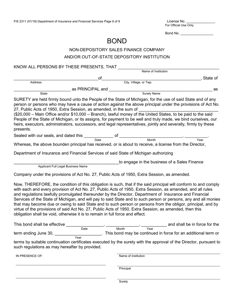 Form FIS2311 Sales Finance Company License Application - Michigan, Page 11