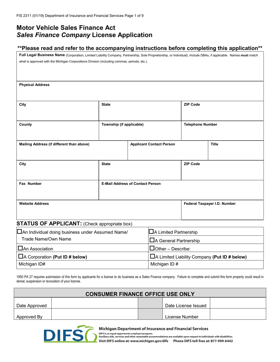 Form FIS2311 Sales Finance Company License Application - Michigan, Page 4