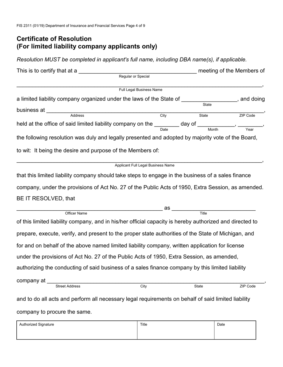 Form FIS2311 Sales Finance Company License Application - Michigan, Page 7