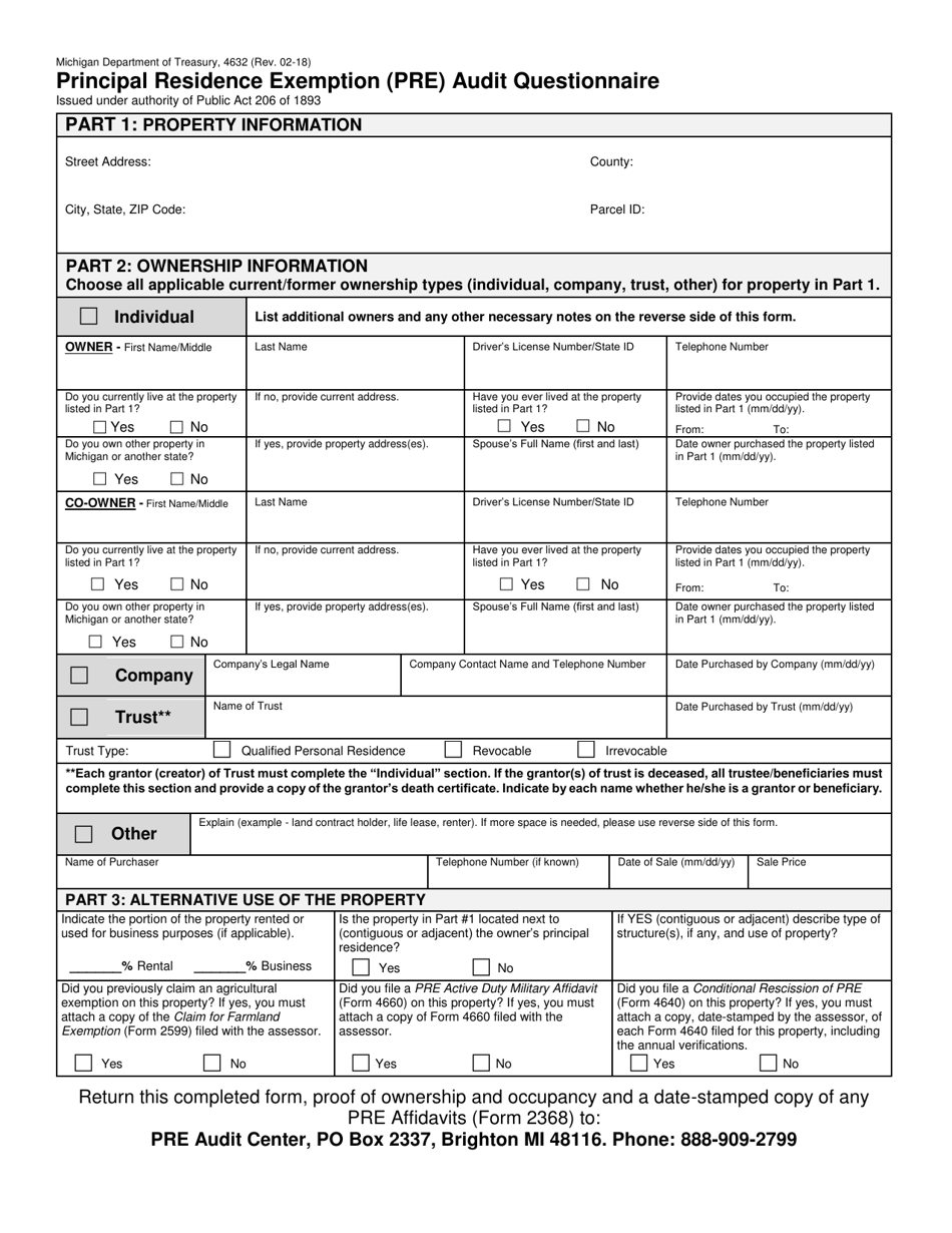 Form 4632 Principal Residence Exemption (Pre) Audit Questionnaire - Michigan, Page 1