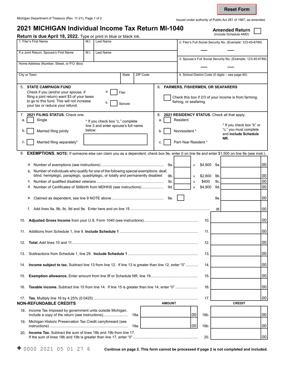 Form MI-1040 Michigan Individual Income Tax Return - Michigan, Page 1