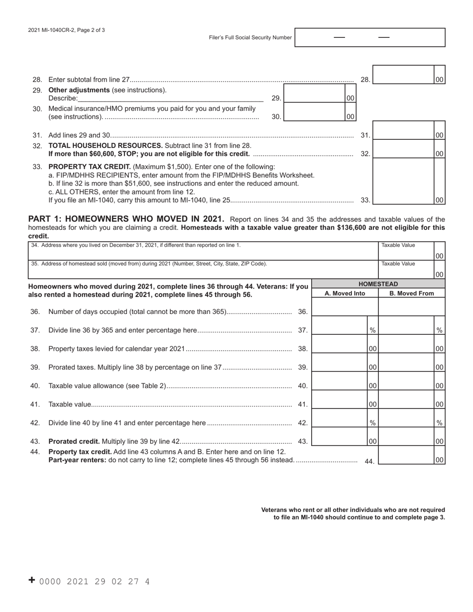 Form MI-1040CR-2 Michigan Homestead Property Tax Credit Claim for Veterans and Blind People - Michigan, Page 2