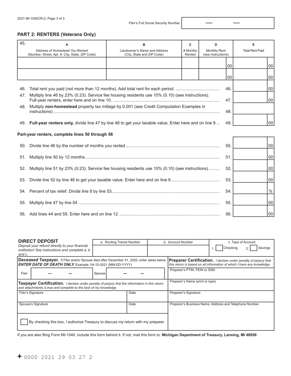 Form MI-1040CR-2 Michigan Homestead Property Tax Credit Claim for Veterans and Blind People - Michigan, Page 3