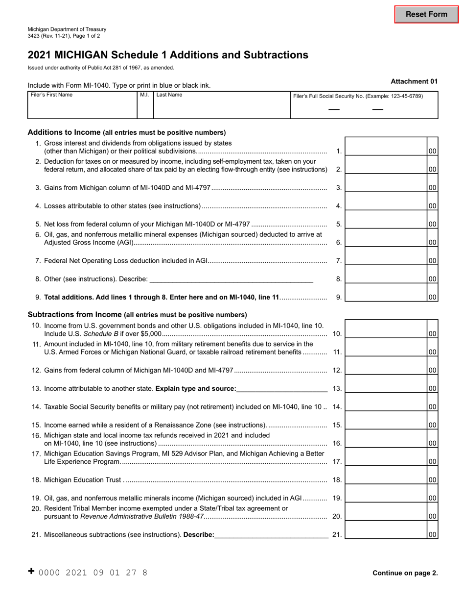 Form 3423 Schedule 1 Additions and Subtractions - Michigan, Page 1