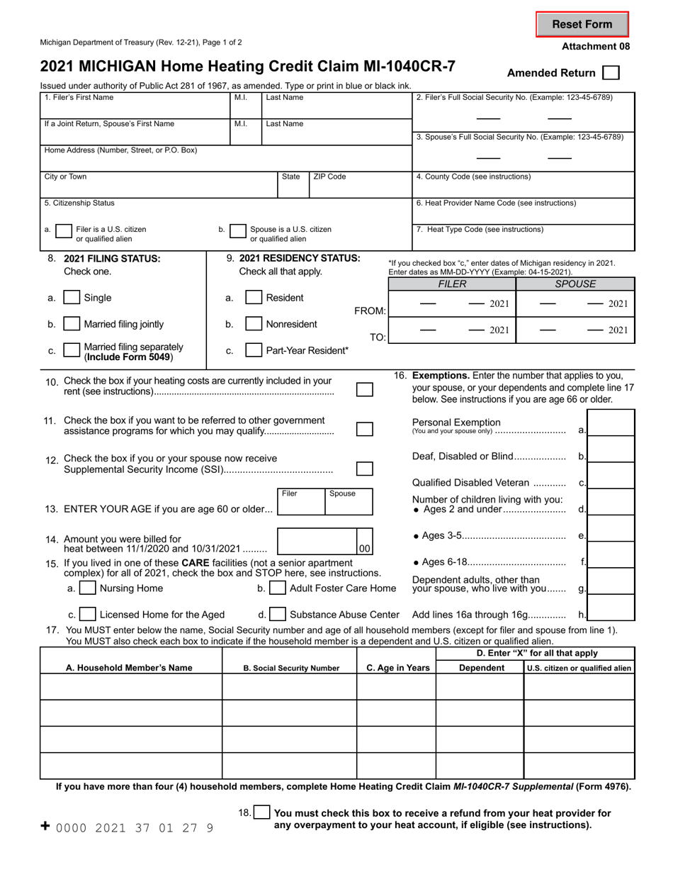 Form MI-1040CR-7 Michigan Home Heating Credit Claim - Michigan, Page 1