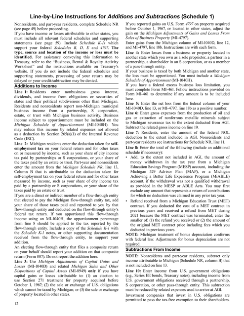 Instructions for Schedule 1 Additions and Subtractions - Michigan, 2021