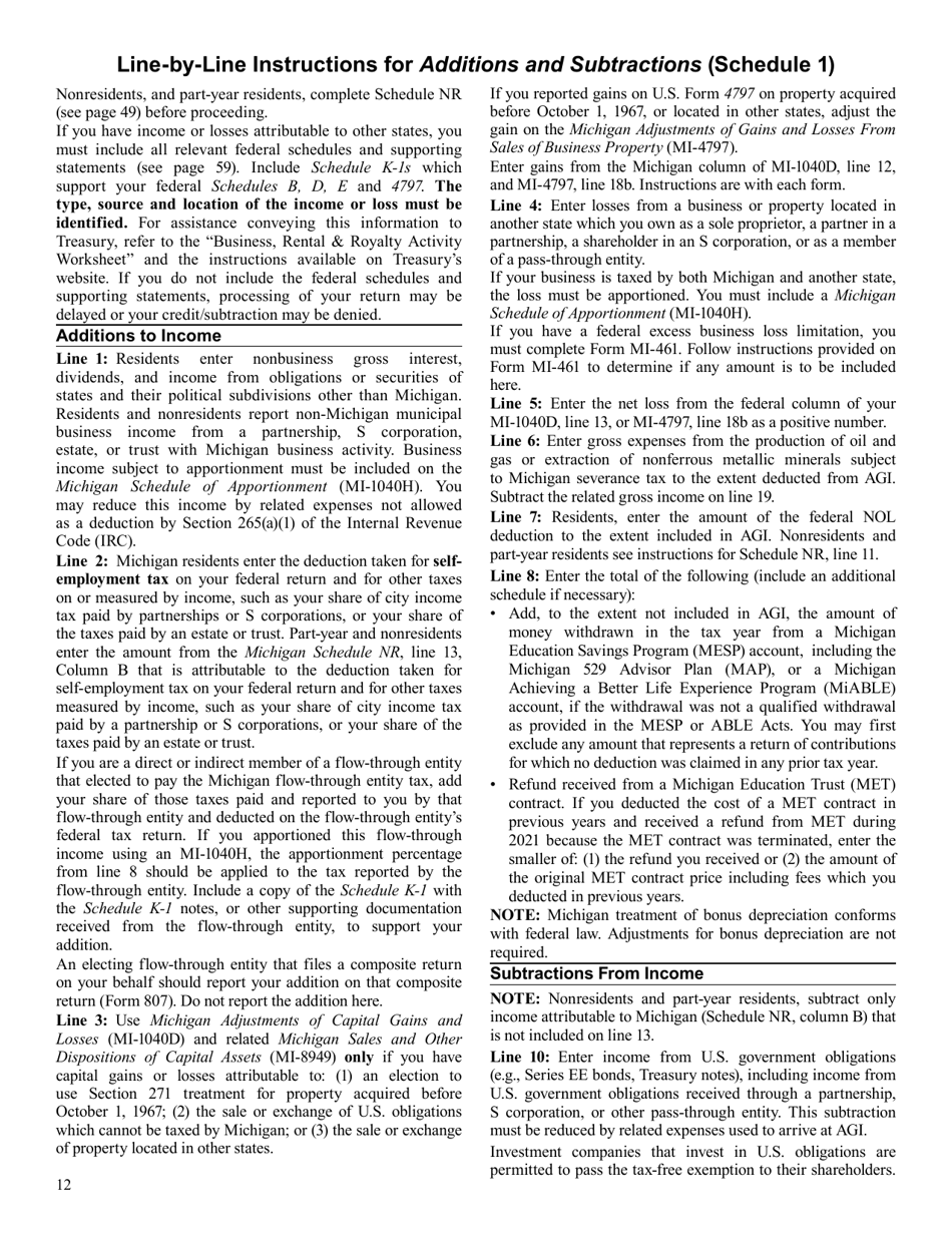 Instructions for Schedule 1 Additions and Subtractions - Michigan, Page 1