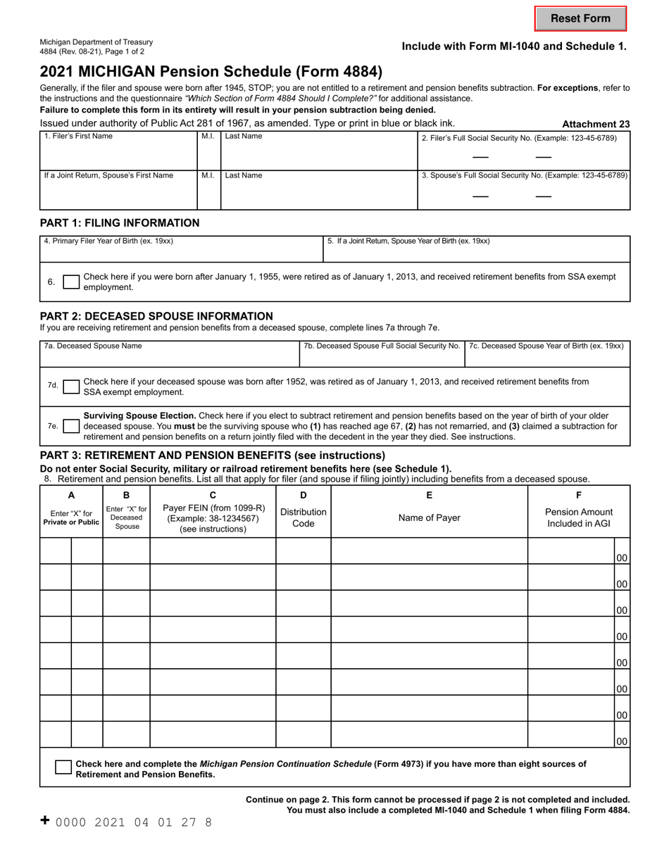 Form 4884 Michigan Pension Schedule - Michigan, Page 1