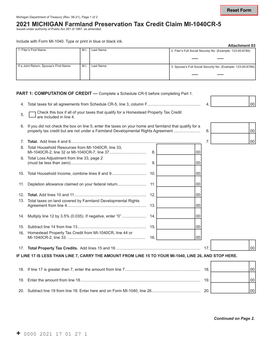 Form MI1040CR-5 Michigan Farmland Preservation Tax Credit Claim - Michigan, Page 1