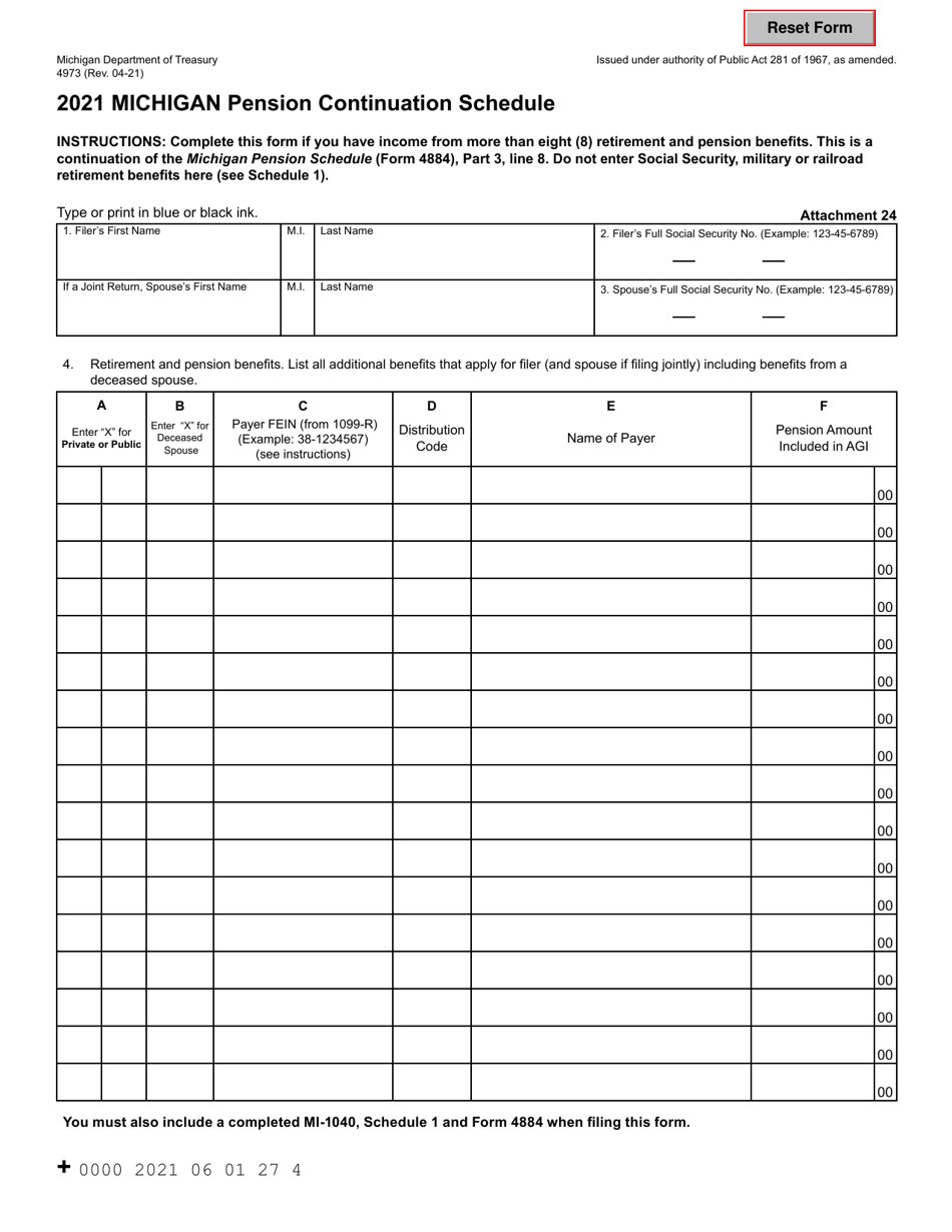 Form 4973 Michigan Pension Continuation Schedule - Michigan, Page 1