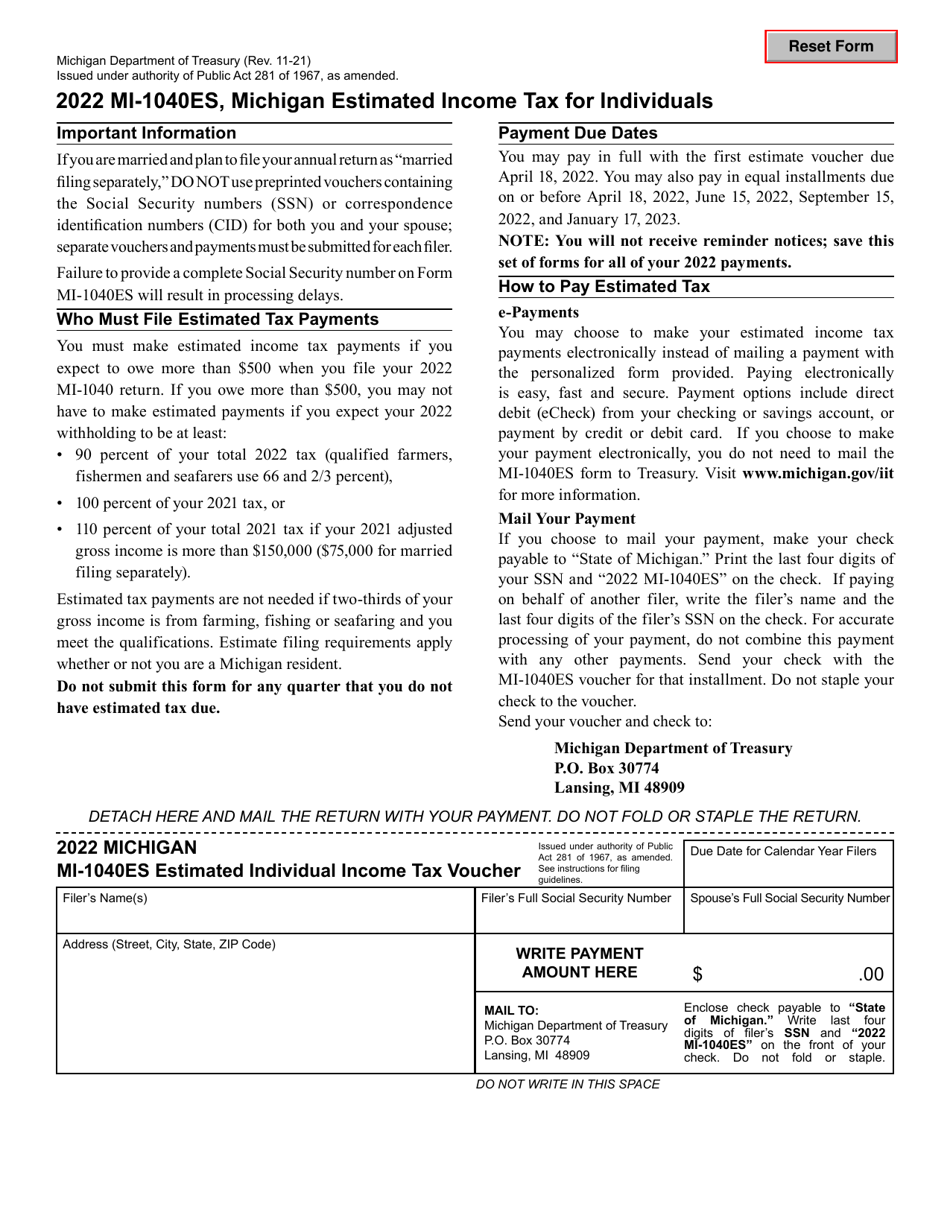 Form MI-1040ES Estimated Individual Income Tax Voucher - Michigan, Page 1