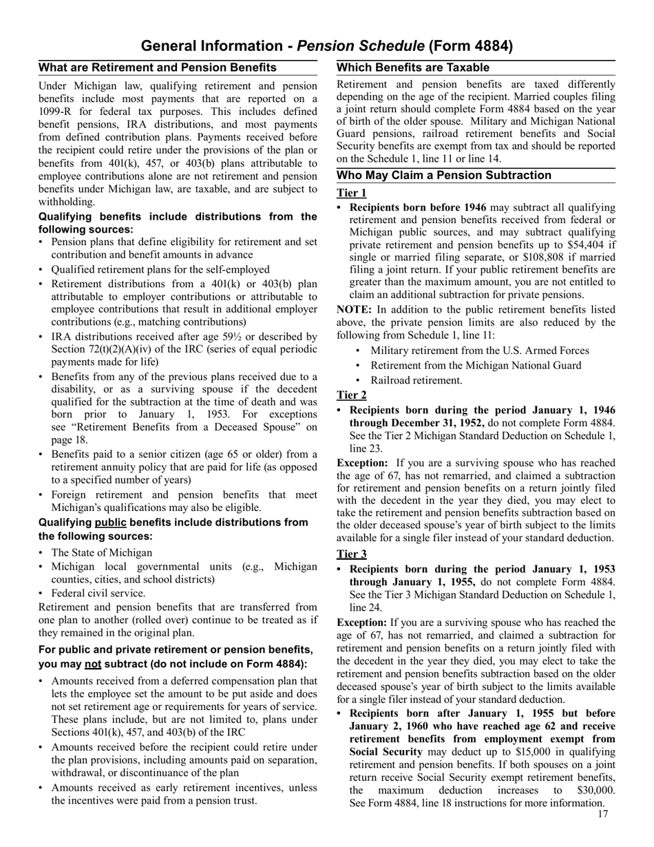 Instructions for Form 4884 Michigan Pension Schedule - Michigan, Page 1