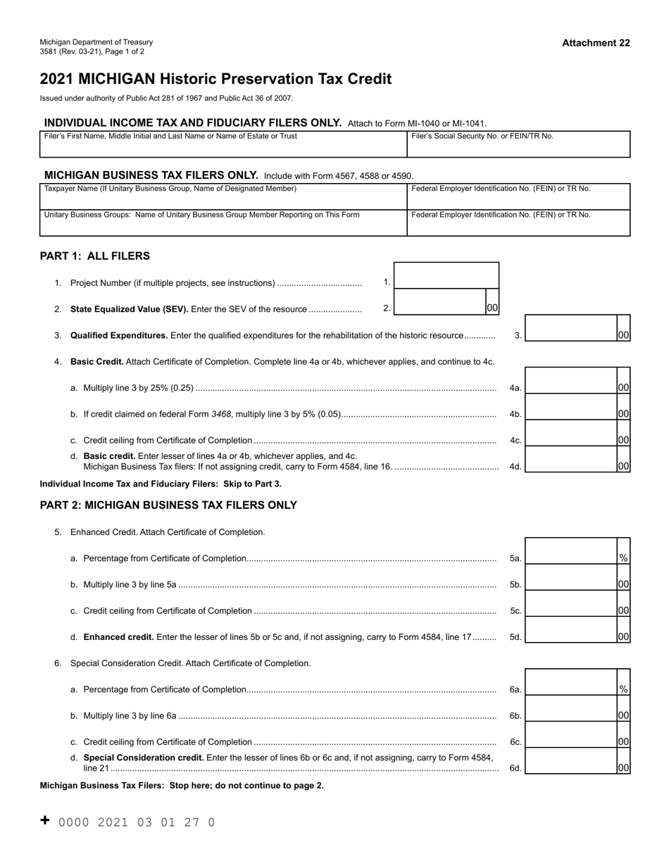 Form 3581 Michigan Historic Preservation Tax Credit - Michigan, Page 1