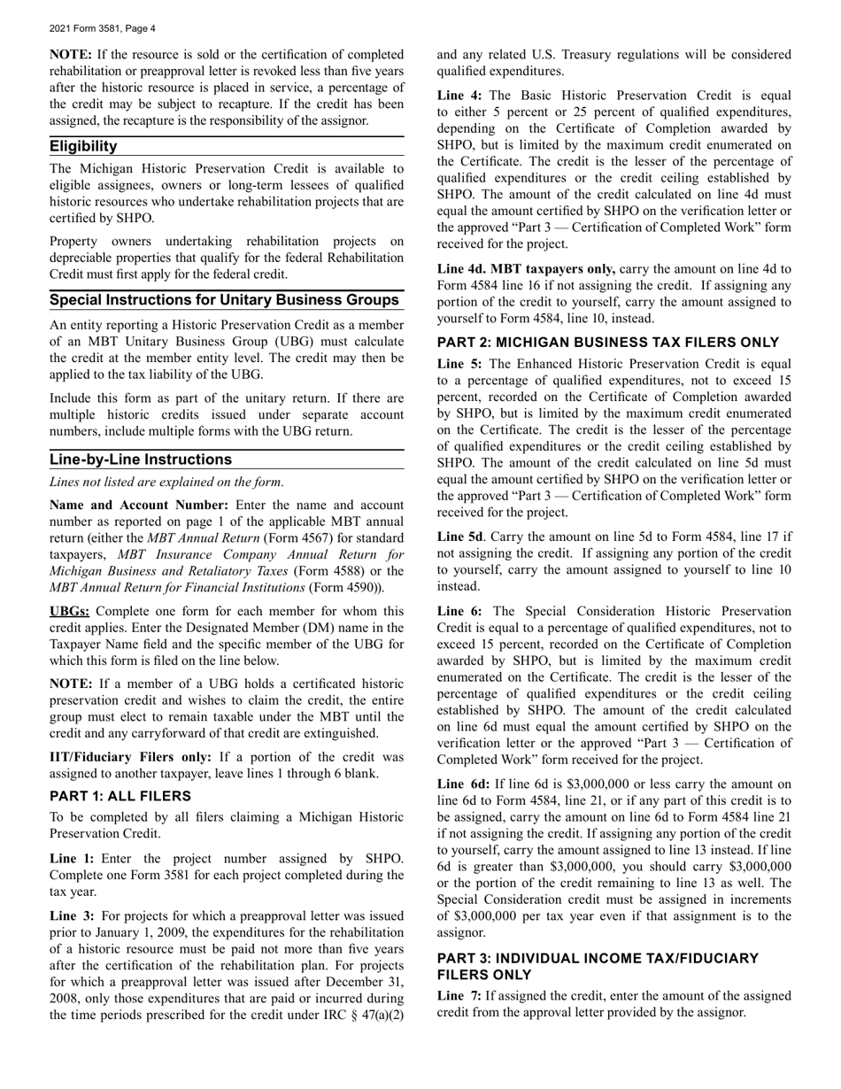 Form 3581 Michigan Historic Preservation Tax Credit - Michigan, Page 4