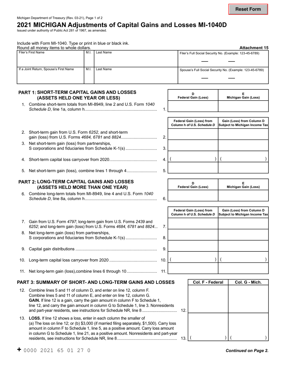 Form MI-1040D Michigan Adjustments of Capital Gains and Losses - Michigan, Page 1
