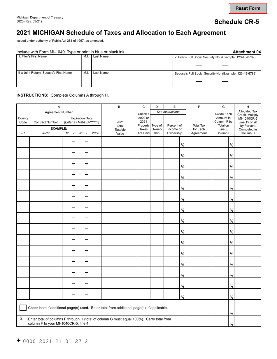 Form 3820 Schedule CR-5 Michigan Schedule of Taxes and Allocation to Each Agreement - Michigan, Page 1