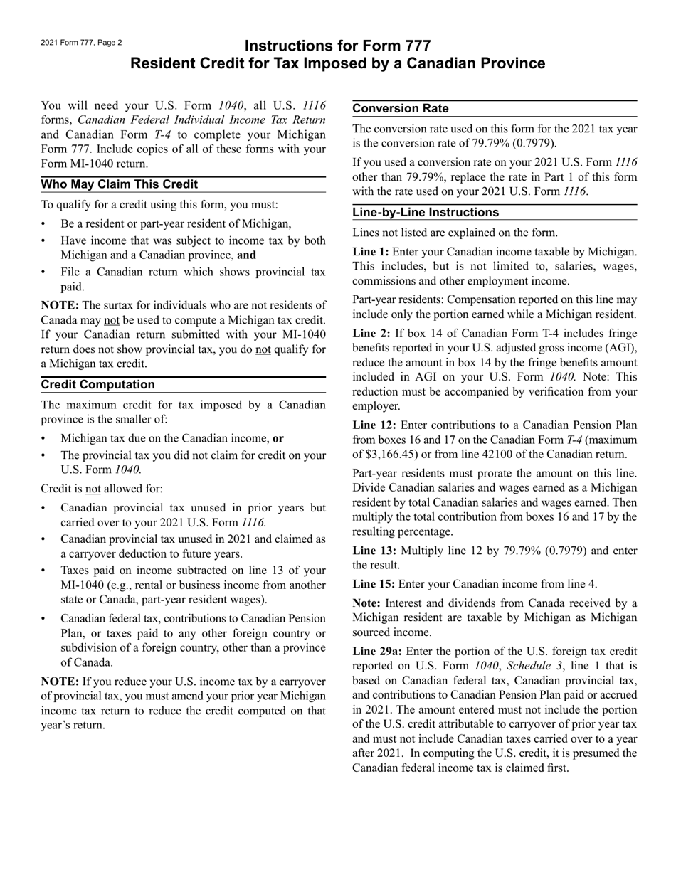 Form 777 Michigan Resident Credit for Tax Imposed by a Canadian Province - Michigan, Page 2