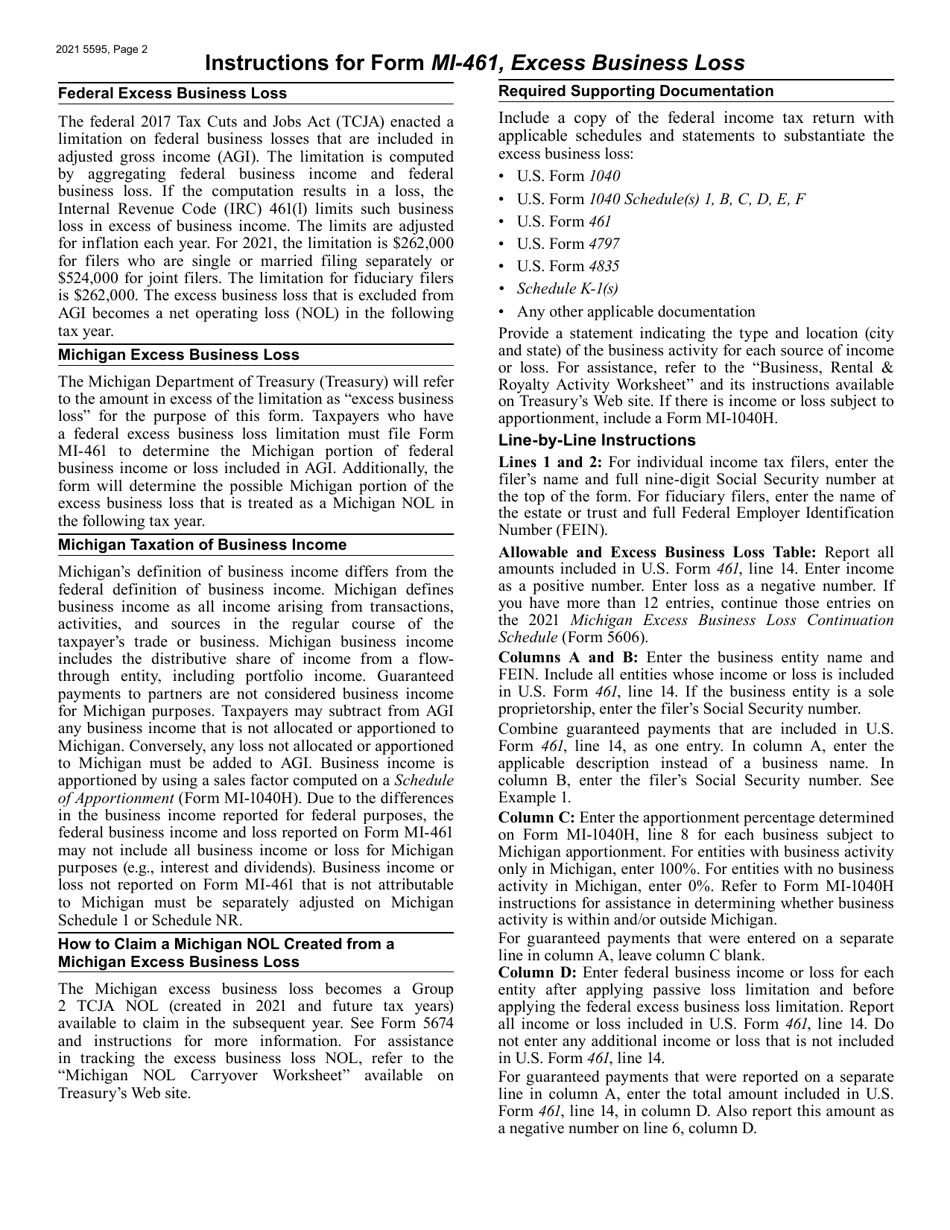 Form MI-461 (5595) Michigan Excess Business Loss - Michigan, Page 2