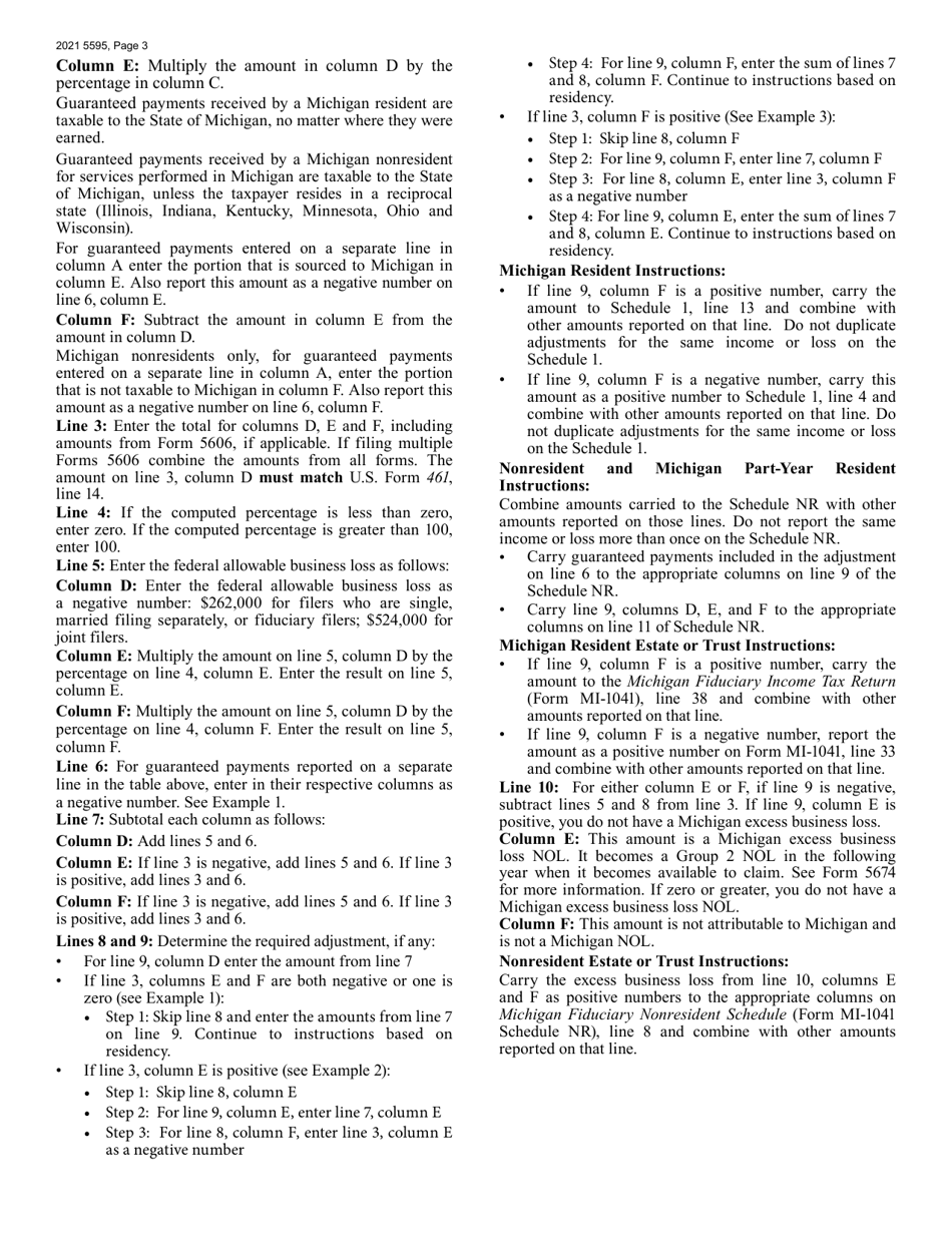 Form MI-461 (5595) Michigan Excess Business Loss - Michigan, Page 3
