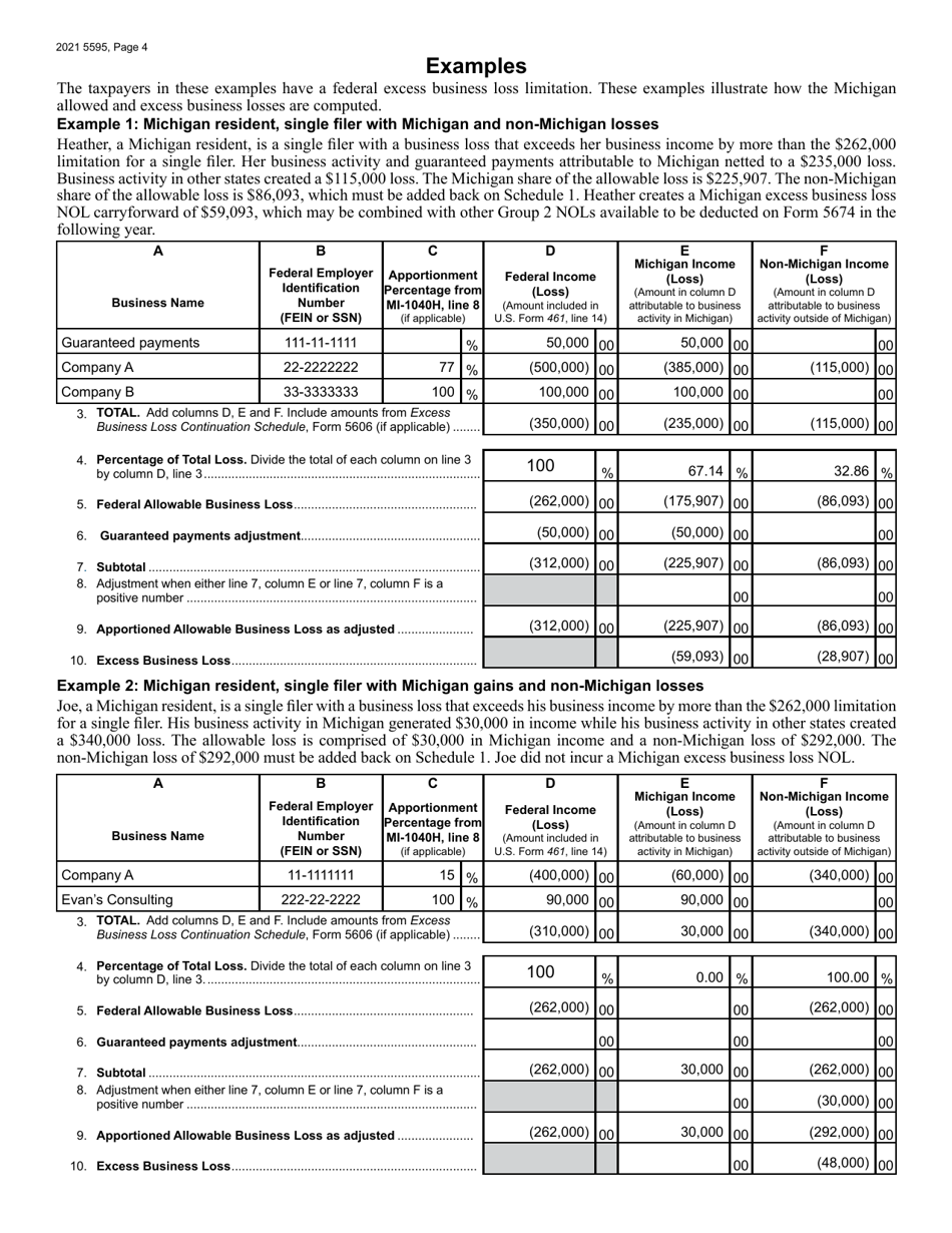 Form MI-461 (5595) Michigan Excess Business Loss - Michigan, Page 4
