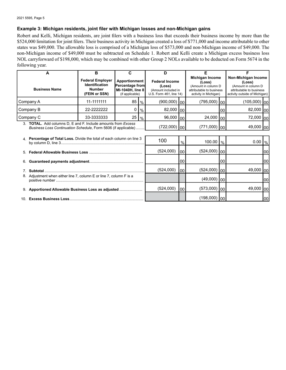 Form MI-461 (5595) Michigan Excess Business Loss - Michigan, Page 5