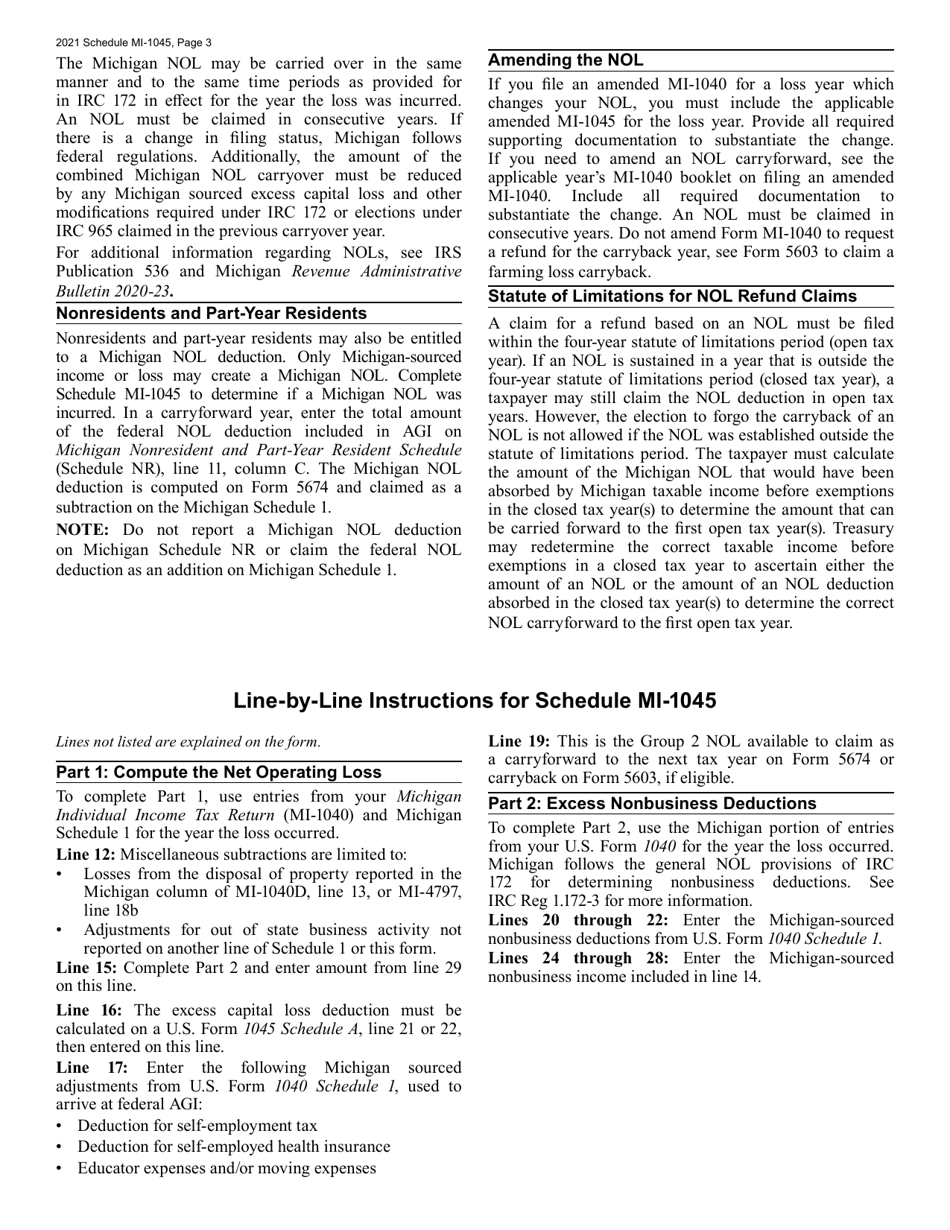 Schedule MI-1045 Michigan Net Operating Loss Schedule - Michigan, Page 3