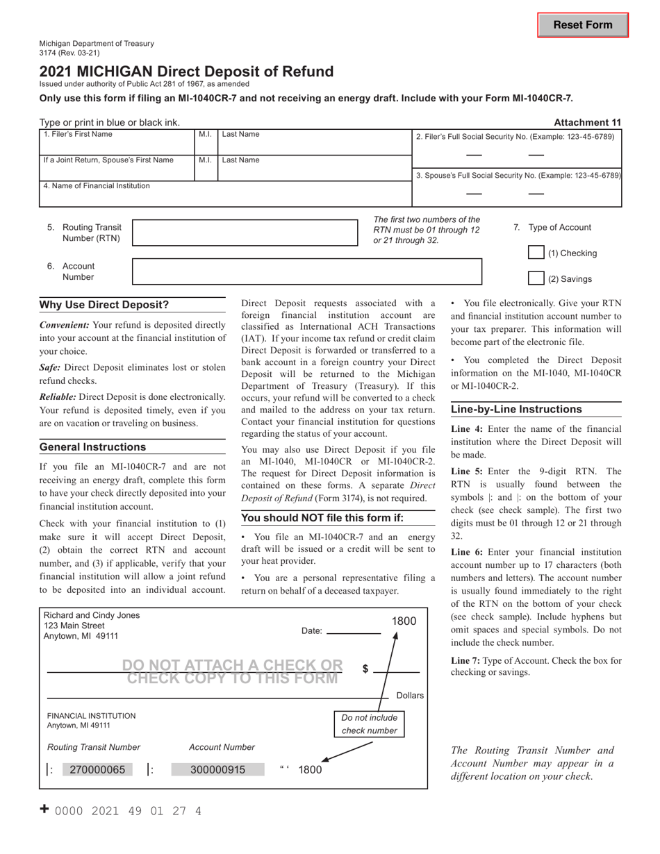 Form 3174 Michigan Direct Deposit of Refund - Michigan, Page 1