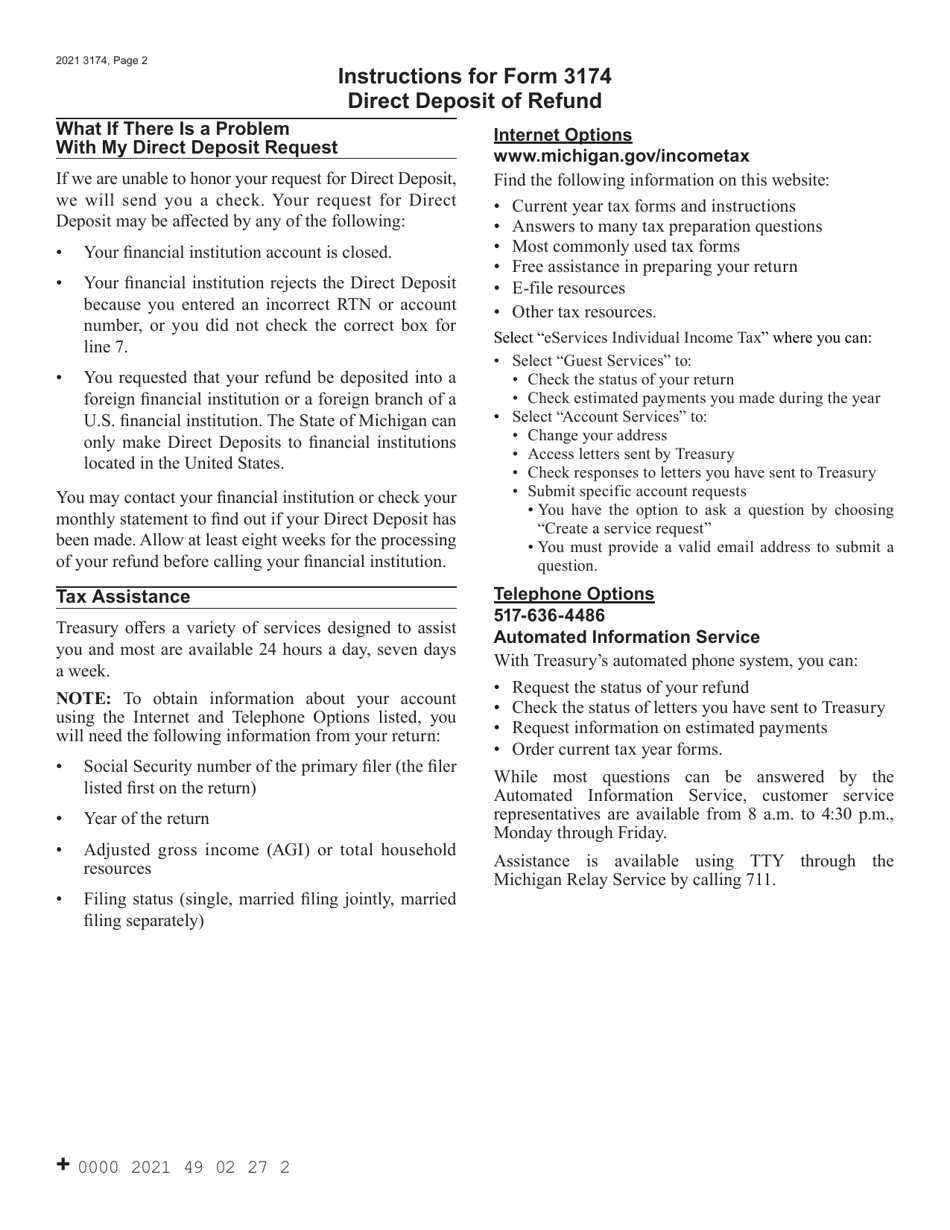 Form 3174 Michigan Direct Deposit of Refund - Michigan, Page 2