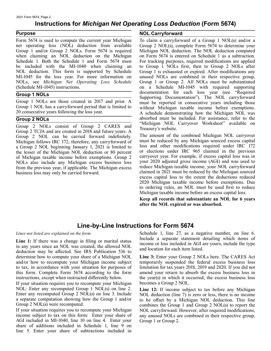 Form 5674 Michigan Net Operating Loss Deduction - Michigan, Page 2